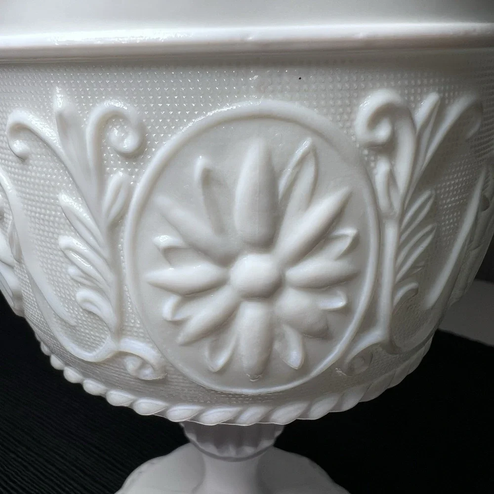 Vtg Indiana Glass Milk Glass Compote Floral Medallion‎ 6.5